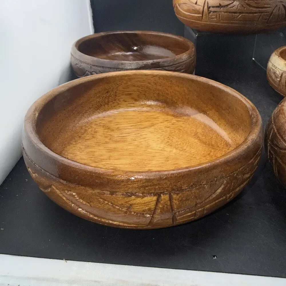 Set of 5 Hand Carved Monkey Pod Wood Bowls Asian Landscape Serving Bowls